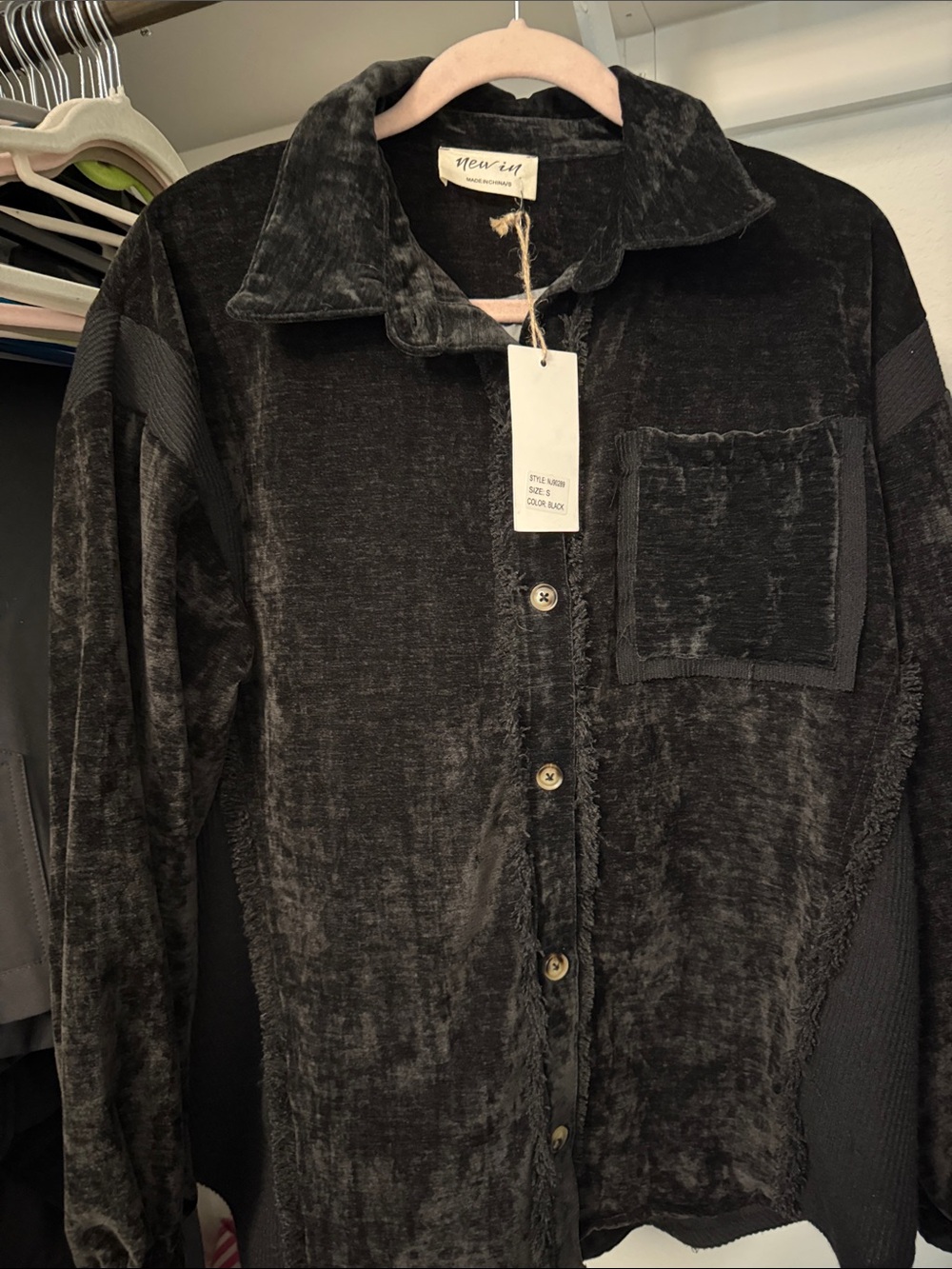 New Clin Black Velvet Button-Front Shirt Jacket